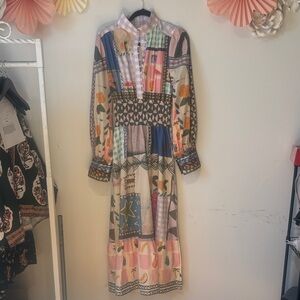 Multicolor Patchwork Long-Sleeve Maxi Dress